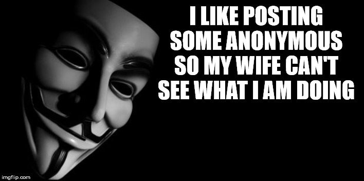 Anonymous | I LIKE POSTING SOME ANONYMOUS SO MY WIFE CAN'T SEE WHAT I AM DOING | image tagged in anonymous | made w/ Imgflip meme maker