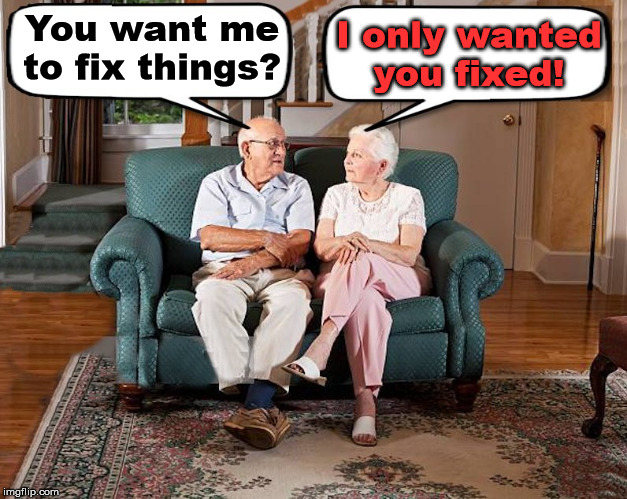 old married couple | You want me to fix things? I only wanted you fixed! | image tagged in old married couple | made w/ Imgflip meme maker