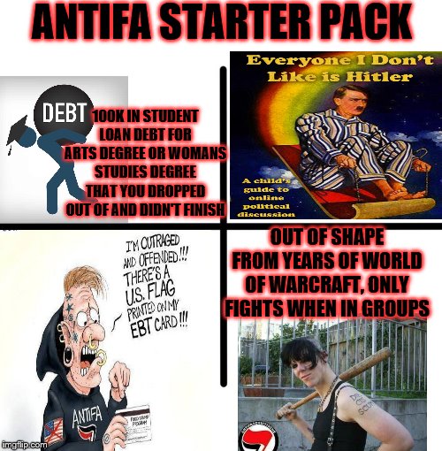 Blank Starter Pack Meme | ANTIFA STARTER PACK; 100K IN STUDENT LOAN DEBT FOR ARTS DEGREE OR WOMANS STUDIES DEGREE THAT YOU DROPPED OUT OF AND DIDN'T FINISH; OUT OF SHAPE FROM YEARS OF WORLD OF WARCRAFT, ONLY FIGHTS WHEN IN GROUPS | image tagged in memes,blank starter pack | made w/ Imgflip meme maker