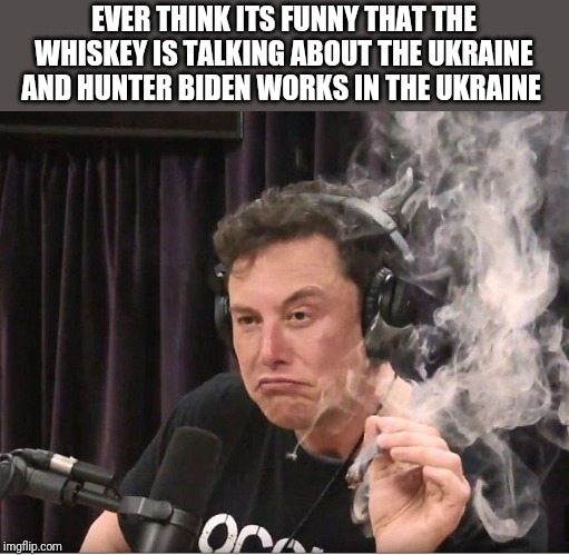 Elon Musk smoking a joint | EVER THINK ITS FUNNY THAT THE WHISKEY IS TALKING ABOUT THE UKRAINE AND HUNTER BIDEN WORKS IN THE UKRAINE | image tagged in elon musk smoking a joint | made w/ Imgflip meme maker
