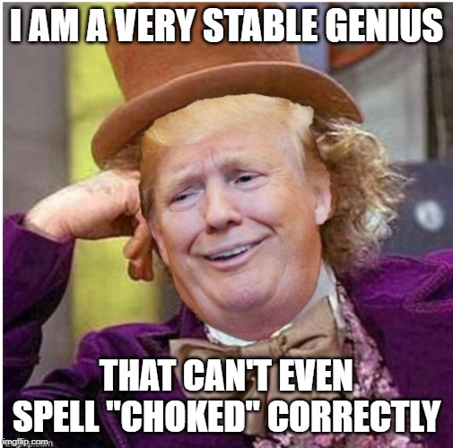 chocked again | I AM A VERY STABLE GENIUS; THAT CAN'T EVEN SPELL "CHOKED" CORRECTLY | image tagged in wonka trump | made w/ Imgflip meme maker