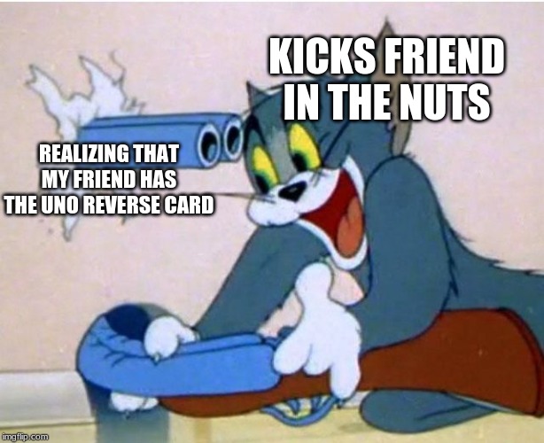 Tom and Jerry | KICKS FRIEND IN THE NUTS; REALIZING THAT MY FRIEND HAS THE UNO REVERSE CARD | image tagged in tom and jerry | made w/ Imgflip meme maker