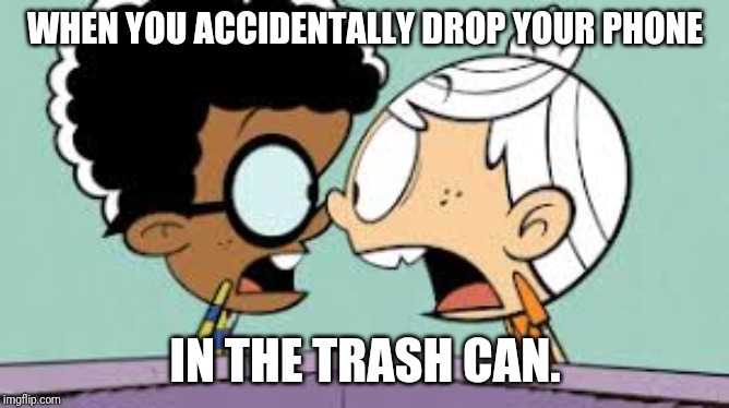 Shocked Lincoln and Clyde | WHEN YOU ACCIDENTALLY DROP YOUR PHONE; IN THE TRASH CAN. | image tagged in shocked lincoln and clyde | made w/ Imgflip meme maker