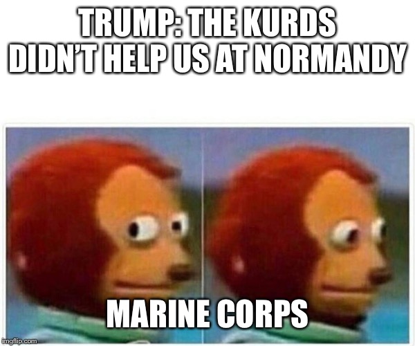 Monkey Puppet | TRUMP: THE KURDS DIDN’T HELP US AT NORMANDY; MARINE CORPS | image tagged in monkey puppet | made w/ Imgflip meme maker