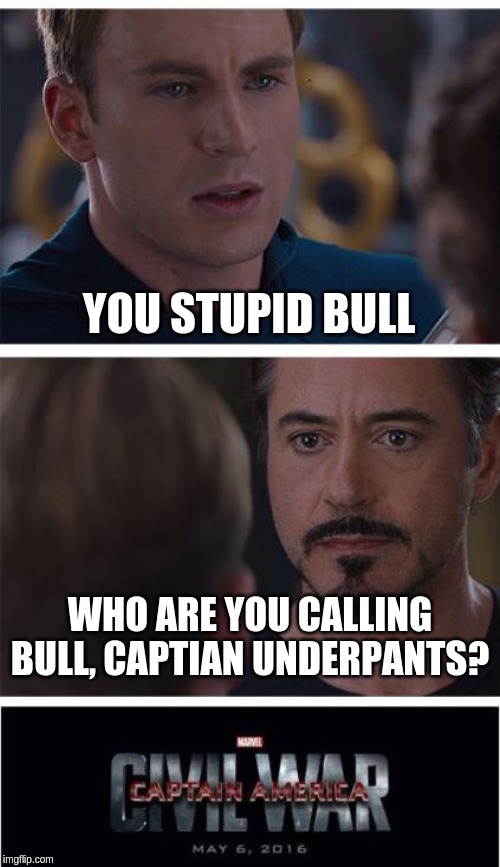 Marvel Civil War 1 Meme | YOU STUPID BULL; WHO ARE YOU CALLING BULL, CAPTIAN UNDERPANTS? | image tagged in memes,marvel civil war 1 | made w/ Imgflip meme maker