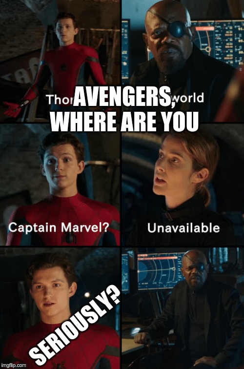 Thor off-world captain marvel unavailable | AVENGERS, WHERE ARE YOU; SERIOUSLY? | image tagged in thor off-world captain marvel unavailable | made w/ Imgflip meme maker