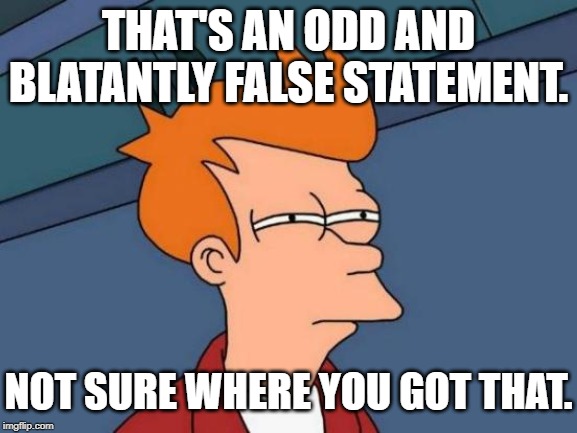 Futurama Fry Meme | THAT'S AN ODD AND BLATANTLY FALSE STATEMENT. NOT SURE WHERE YOU GOT THAT. | image tagged in memes,futurama fry | made w/ Imgflip meme maker