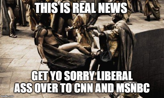 Sparta Kick | THIS IS REAL NEWS GET YO SORRY LIBERAL ASS OVER TO CNN AND MSNBC | image tagged in sparta kick | made w/ Imgflip meme maker