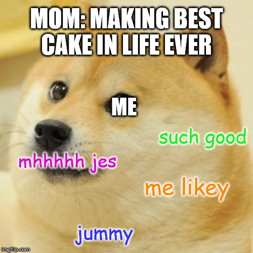 Doge Meme | MOM: MAKING BEST CAKE IN LIFE EVER; ME; such good; mhhhhh jes; me likey; jummy | image tagged in memes,doge | made w/ Imgflip meme maker