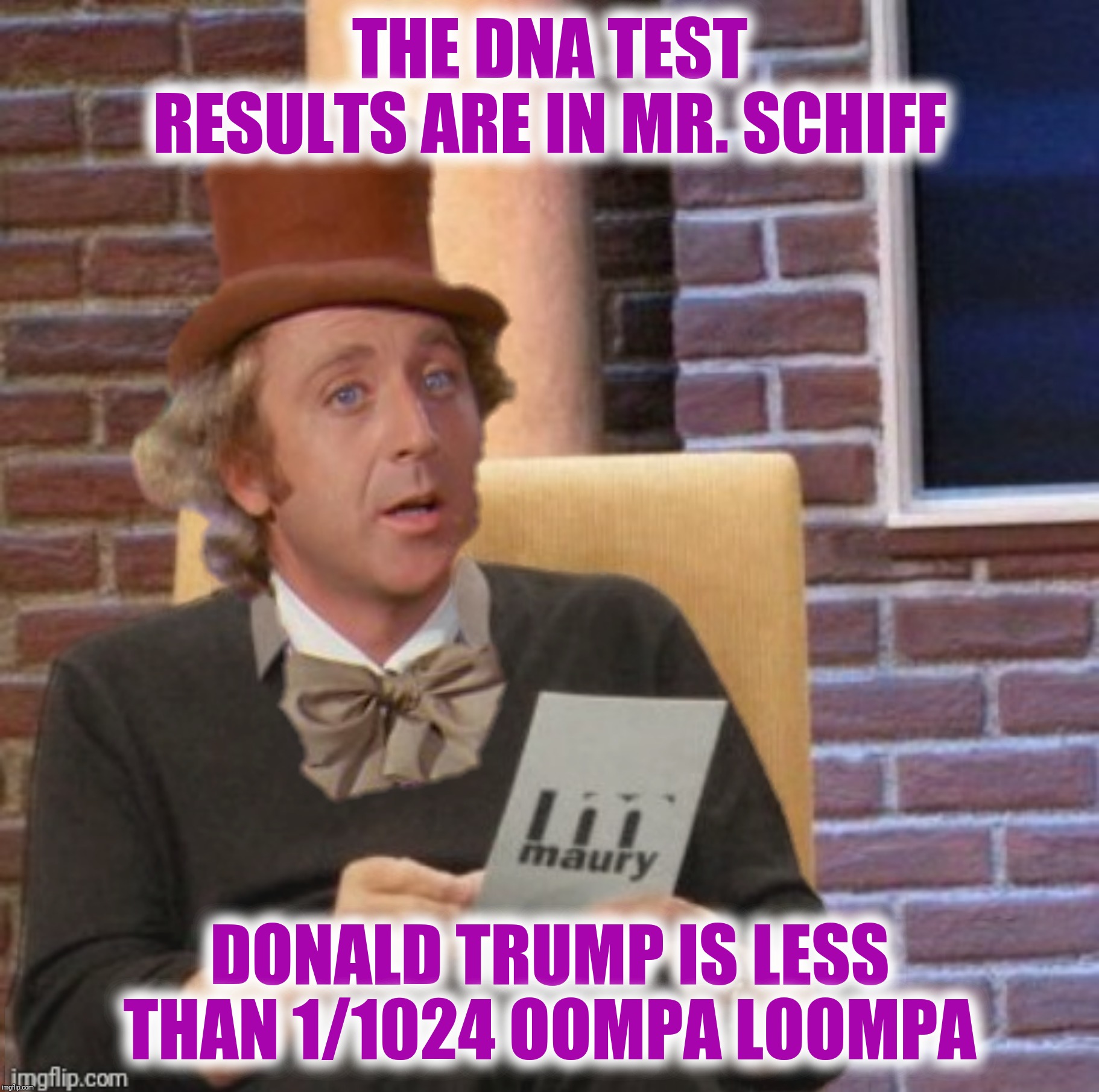 Bad Photoshop Sunday presents:  Democrats discover that being an Ooompa loompa is an impeachable offense | THE DNA TEST RESULTS ARE IN MR. SCHIFF; DONALD TRUMP IS LESS THAN 1/1024 OOMPA LOOMPA | image tagged in bad photoshop sunday,willy wonka,oompa loompa,maury povich | made w/ Imgflip meme maker