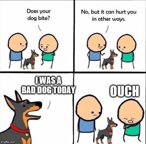 does your dog bite | OUCH; I WAS A BAD DOG TODAY | image tagged in does your dog bite | made w/ Imgflip meme maker