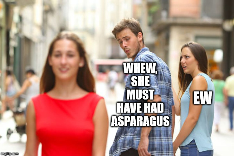 Distracted Boyfriend Meme | WHEW, SHE MUST HAVE HAD ASPARAGUS EW | image tagged in memes,distracted boyfriend | made w/ Imgflip meme maker