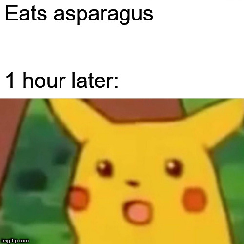 Surprised Pikachu Meme | Eats asparagus 1 hour later: | image tagged in memes,surprised pikachu | made w/ Imgflip meme maker