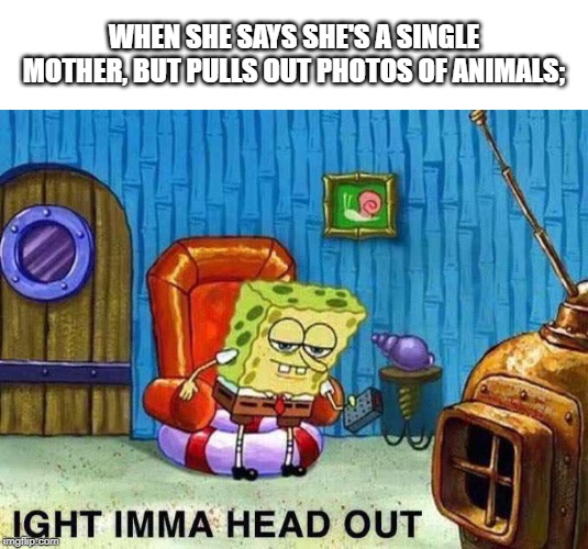 Imma head Out | WHEN SHE SAYS SHE'S A SINGLE MOTHER, BUT PULLS OUT PHOTOS OF ANIMALS; | image tagged in imma head out | made w/ Imgflip meme maker
