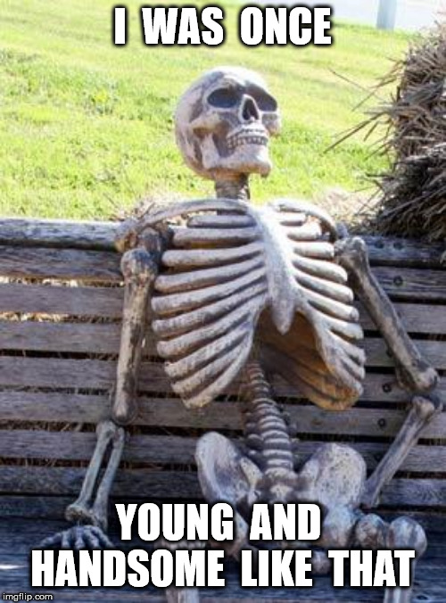 Waiting Skeleton Meme | I  WAS  ONCE YOUNG  AND  HANDSOME  LIKE  THAT | image tagged in memes,waiting skeleton | made w/ Imgflip meme maker