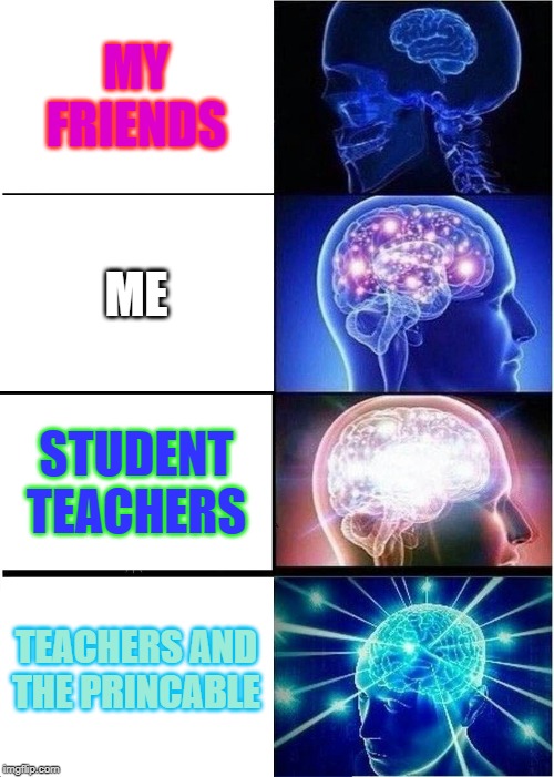 Expanding Brain Meme | MY FRIENDS; ME; STUDENT TEACHERS; TEACHERS AND THE PRINCABLE | image tagged in memes,expanding brain | made w/ Imgflip meme maker