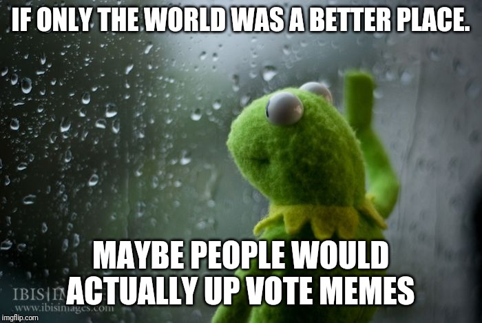 kermit window |  IF ONLY THE WORLD WAS A BETTER PLACE. MAYBE PEOPLE WOULD ACTUALLY UP VOTE MEMES | image tagged in kermit window | made w/ Imgflip meme maker