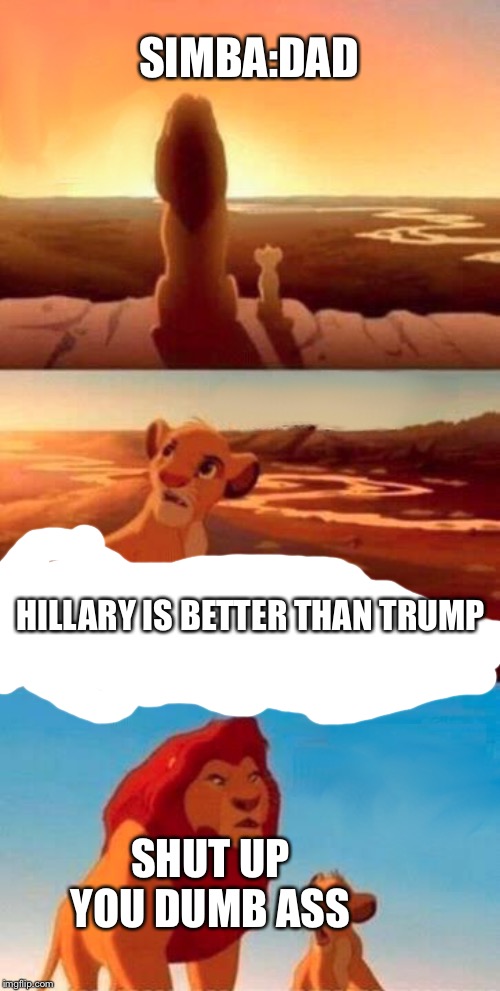 Simba Shadowy Place Meme | SIMBA:DAD; HILLARY IS BETTER THAN TRUMP; SHUT UP YOU DUMB ASS | image tagged in memes,simba shadowy place | made w/ Imgflip meme maker
