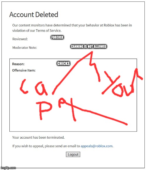 Banned From Roblox Imgflip - banned roblox accounts