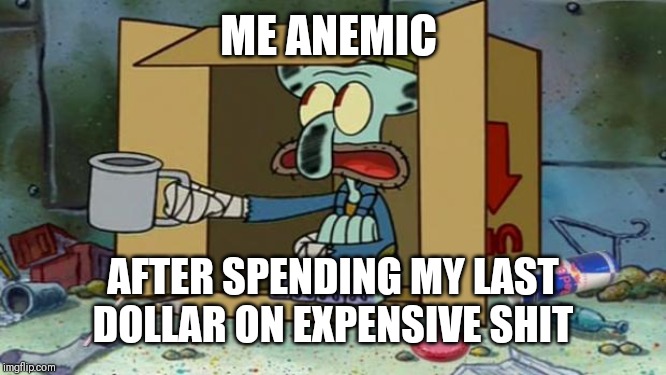 squidward poor | ME ANEMIC; AFTER SPENDING MY LAST DOLLAR ON EXPENSIVE SHIT | image tagged in squidward poor | made w/ Imgflip meme maker