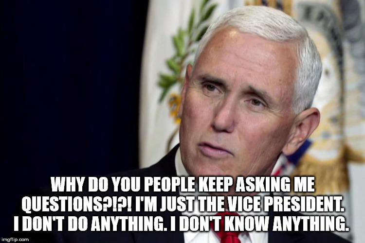 Leave me alone! | WHY DO YOU PEOPLE KEEP ASKING ME QUESTIONS?!?! I'M JUST THE VICE PRESIDENT. I DON'T DO ANYTHING. I DON'T KNOW ANYTHING. | image tagged in pence,trump,funny memes | made w/ Imgflip meme maker
