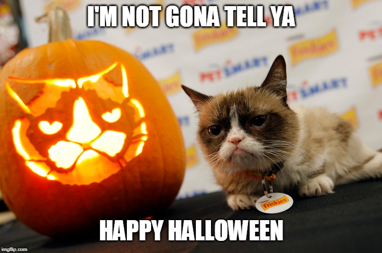GRUMPY HALLOWEEN | I'M NOT GONA TELL YA; HAPPY HALLOWEEN | image tagged in grumpy cat,halloween,cats | made w/ Imgflip meme maker