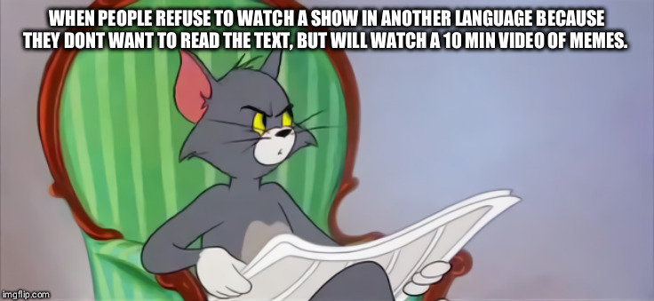 Admit it, you do it too. | WHEN PEOPLE REFUSE TO WATCH A SHOW IN ANOTHER LANGUAGE BECAUSE THEY DONT WANT TO READ THE TEXT, BUT WILL WATCH A 10 MIN VIDEO OF MEMES. | image tagged in tom newspaper hd,youtube,anime,reading,memes | made w/ Imgflip meme maker