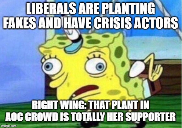 Mocking Spongebob Meme | LIBERALS ARE PLANTING FAKES AND HAVE CRISIS ACTORS RIGHT WING: THAT PLANT IN AOC CROWD IS TOTALLY HER SUPPORTER | image tagged in memes,mocking spongebob | made w/ Imgflip meme maker