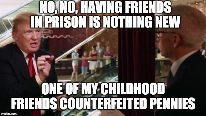 Trump Interview | NO, NO, HAVING FRIENDS IN PRISON IS NOTHING NEW; ONE OF MY CHILDHOOD FRIENDS COUNTERFEITED PENNIES | image tagged in trump interview | made w/ Imgflip meme maker