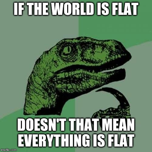 Philosoraptor Meme | IF THE WORLD IS FLAT; DOESN'T THAT MEAN EVERYTHING IS FLAT | image tagged in memes,philosoraptor | made w/ Imgflip meme maker