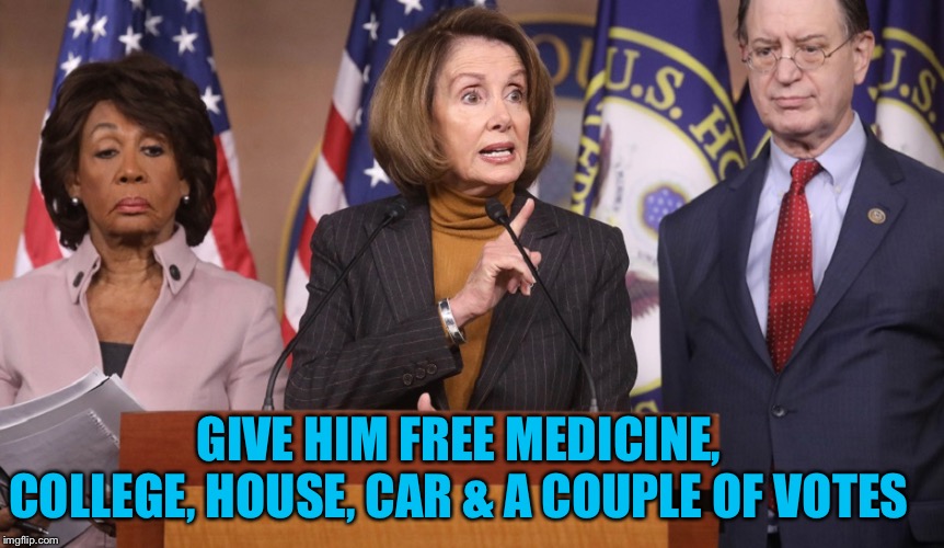 pelosi explains | GIVE HIM FREE MEDICINE, COLLEGE, HOUSE, CAR & A COUPLE OF VOTES | image tagged in pelosi explains | made w/ Imgflip meme maker