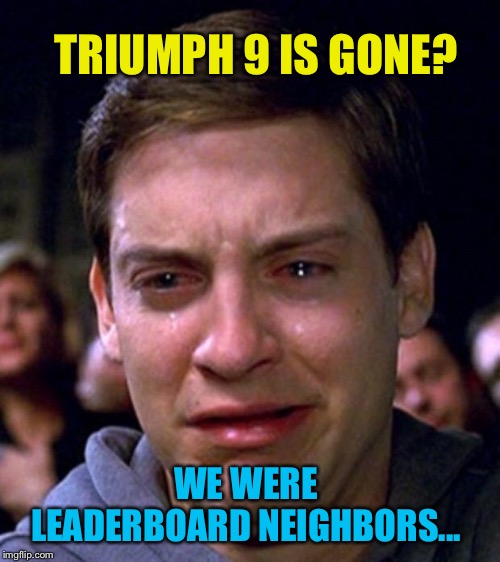 crying peter parker | TRIUMPH 9 IS GONE? WE WERE LEADERBOARD NEIGHBORS... | image tagged in crying peter parker | made w/ Imgflip meme maker