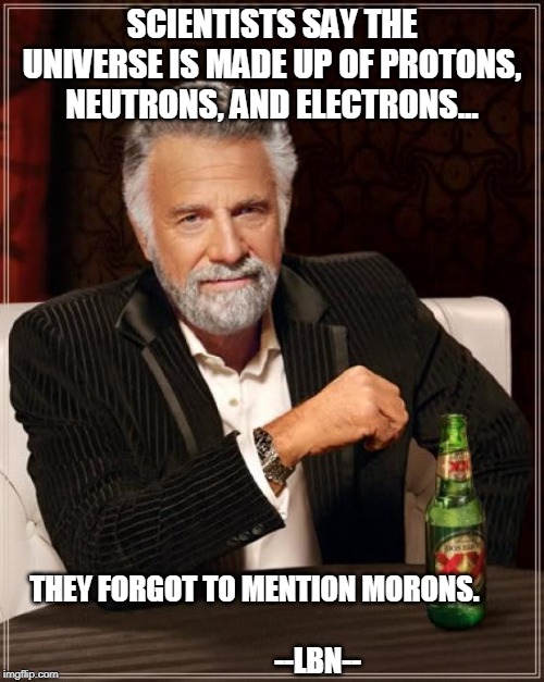 The Most Interesting Man In The World | SCIENTISTS SAY THE UNIVERSE IS MADE UP OF PROTONS, NEUTRONS, AND ELECTRONS... THEY FORGOT TO MENTION MORONS.        
 
              --LBN-- | image tagged in memes,the most interesting man in the world | made w/ Imgflip meme maker