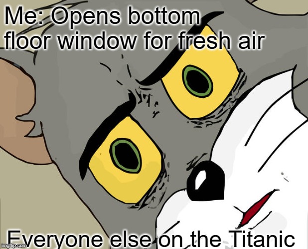Unsettled Tom | Me: Opens bottom floor window for fresh air; Everyone else on the Titanic | image tagged in memes,unsettled tom | made w/ Imgflip meme maker