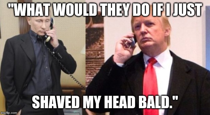 Trump Putin phone call | "WHAT WOULD THEY DO IF I JUST; SHAVED MY HEAD BALD." | image tagged in trump putin phone call | made w/ Imgflip meme maker