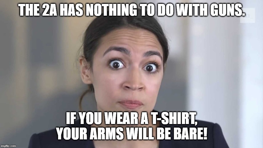 Dumber Than A Box of Pet Rocks! | THE 2A HAS NOTHING TO DO WITH GUNS. IF YOU WEAR A T-SHIRT, YOUR ARMS WILL BE BARE! | image tagged in aoc stumped,second amendment,alexandria ocasio-cortez | made w/ Imgflip meme maker