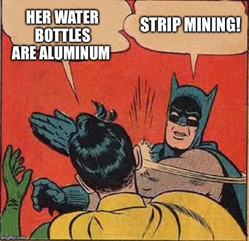 Batman Slapping Robin Meme | HER WATER BOTTLES ARE ALUMINUM STRIP MINING! | image tagged in memes,batman slapping robin | made w/ Imgflip meme maker