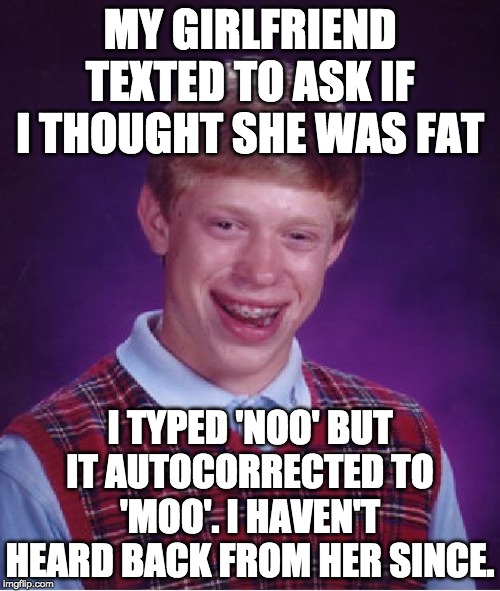 Damn you, autocorrect! | MY GIRLFRIEND TEXTED TO ASK IF I THOUGHT SHE WAS FAT; I TYPED 'NOO' BUT IT AUTOCORRECTED TO 'MOO'. I HAVEN'T HEARD BACK FROM HER SINCE. | image tagged in memes,bad luck brian,funny | made w/ Imgflip meme maker