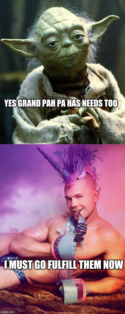 YES GRAND PAH PA HAS NEEDS TOO; I MUST GO FULFILL THEM NOW | image tagged in memes,star wars yoda,sexy gay unicorn | made w/ Imgflip meme maker