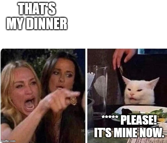 Lady screams at cat | THAT'S MY DINNER ***** PLEASE! IT'S MINE NOW. | image tagged in lady screams at cat | made w/ Imgflip meme maker