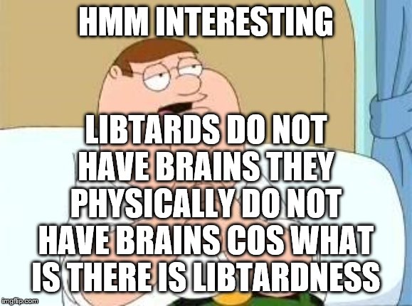peter griffin go on | HMM INTERESTING LIBTARDS DO NOT HAVE BRAINS THEY PHYSICALLY DO NOT HAVE BRAINS COS WHAT IS THERE IS LIBTARDNESS | image tagged in peter griffin go on | made w/ Imgflip meme maker