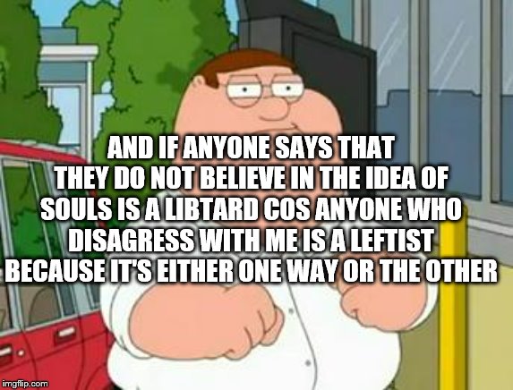 roadhouse peter griffin | AND IF ANYONE SAYS THAT THEY DO NOT BELIEVE IN THE IDEA OF SOULS IS A LIBTARD COS ANYONE WHO DISAGRESS WITH ME IS A LEFTIST BECAUSE IT'S EIT | image tagged in roadhouse peter griffin | made w/ Imgflip meme maker