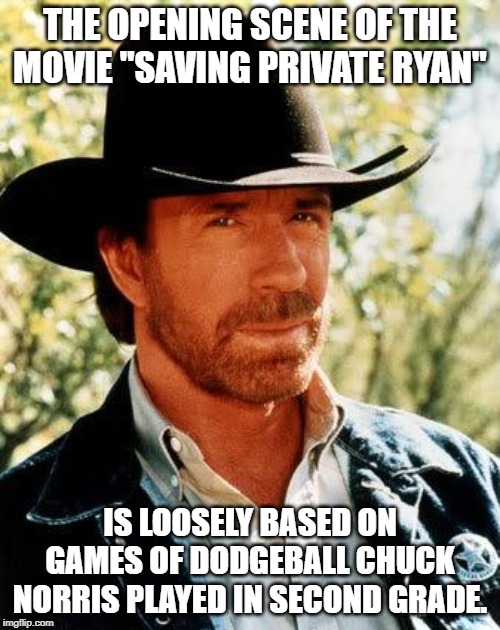 Those Were Some Damn Violent Games | THE OPENING SCENE OF THE MOVIE "SAVING PRIVATE RYAN"; IS LOOSELY BASED ON GAMES OF DODGEBALL CHUCK NORRIS PLAYED IN SECOND GRADE. | image tagged in memes,chuck norris | made w/ Imgflip meme maker