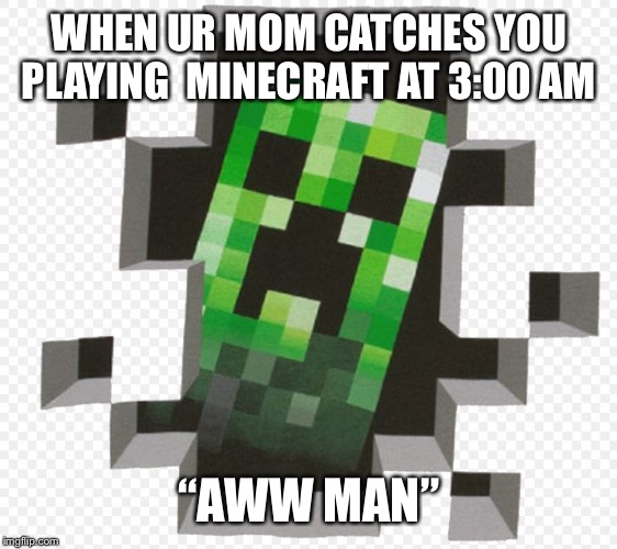 Minecraft Creeper | WHEN UR MOM CATCHES YOU PLAYING  MINECRAFT AT 3:00 AM; “AWW MAN” | image tagged in minecraft creeper | made w/ Imgflip meme maker