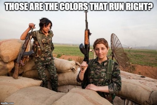 Kurdish Feminist gun control | THOSE ARE THE COLORS THAT RUN RIGHT? | image tagged in kurdish feminist gun control | made w/ Imgflip meme maker