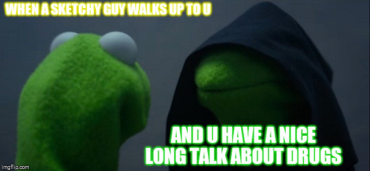 Evil Kermit Meme | WHEN A SKETCHY GUY WALKS UP TO U; AND U HAVE A NICE LONG TALK ABOUT DRUGS | image tagged in memes,evil kermit | made w/ Imgflip meme maker