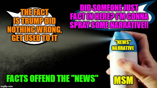 Did someone just "fact"? | DID SOMEONE JUST FACT IN HERE? I'M GONNA SPRAY SOME NARRATIVE!! THE FACT IS TRUMP DID NOTHING WRONG, GET USED TO IT; "NEWS" NARRATIVE; FACTS OFFEND THE "NEWS"; MSM | image tagged in cnn fake news,propaganda,maga,trump 2020,facts | made w/ Imgflip meme maker