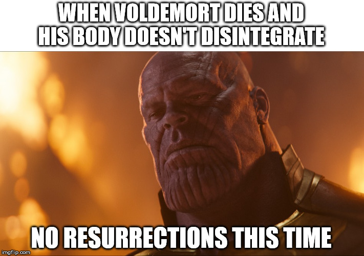 Thanos | WHEN VOLDEMORT DIES AND HIS BODY DOESN'T DISINTEGRATE; NO RESURRECTIONS THIS TIME | image tagged in thanos | made w/ Imgflip meme maker