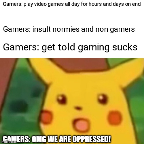 Surprised Pikachu | Gamers: play video games all day for hours and days on end; Gamers: insult normies and non gamers; Gamers: get told gaming sucks; GAMERS: OMG WE ARE OPPRESSED! | image tagged in memes,surprised pikachu | made w/ Imgflip meme maker