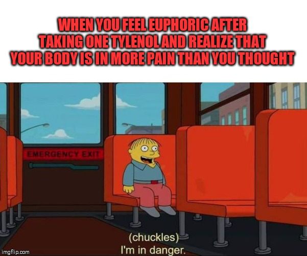 We all are | WHEN YOU FEEL EUPHORIC AFTER TAKING ONE TYLENOL AND REALIZE THAT YOUR BODY IS IN MORE PAIN THAN YOU THOUGHT | image tagged in i'm in danger  blank place above,pain | made w/ Imgflip meme maker